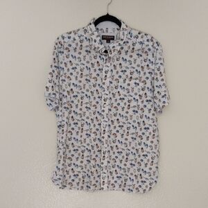 Johnston & Murphy White Short-Sleeve Button-Down with Blue and Brown Motifs